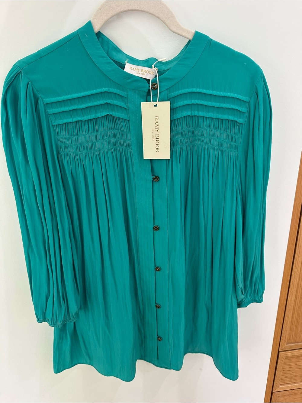 Ramy Brook Teal Pleated Button-Front Blouse